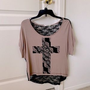 Bedazzled Cross Shirt with Lace Back